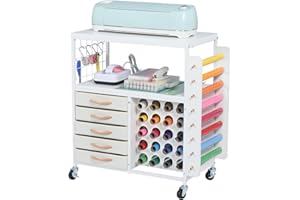 LUCKUP Organization and Storage Craft Table for Cricut Machines, Rolling Cart Cabinet with 28 Vinyl Roll Holders and 5 Drawers, Heat Press Stand Crafting Storage Cart with Hooks