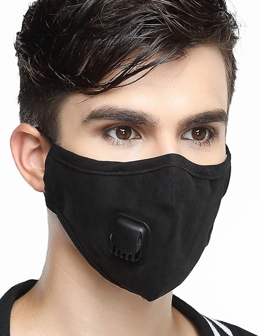 Healthyair Masks PM 2.5 Anti Pollution Mask with Valve Pynogeez Washable Dust Respirator Cotton Mouth Masks with Replaceable 5 Layer Filter (Mask + 2 Filters) (Black, Large(Men's）)