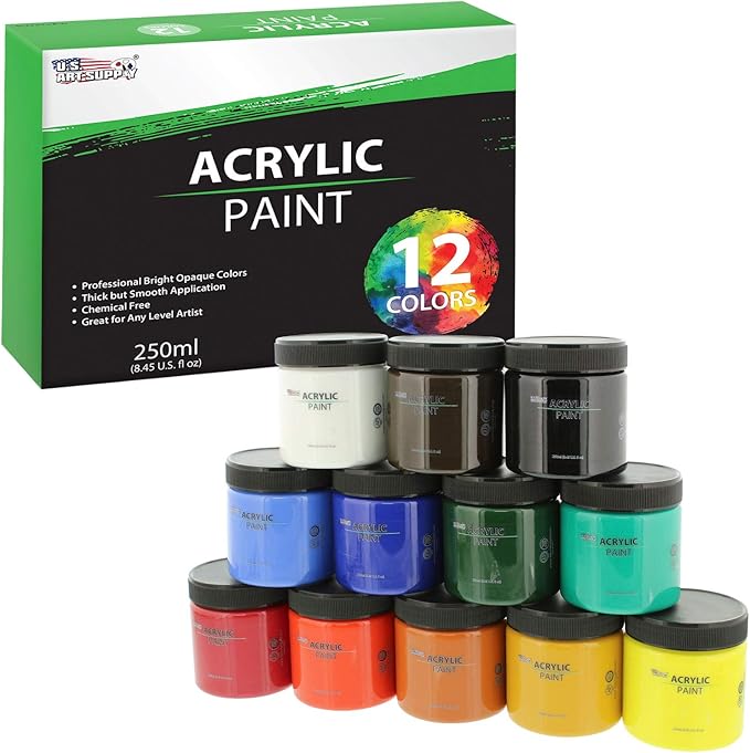 U.S. Art Supply 12 Color Acrylic Paint Jar Set 250ml Bottles (8.45 fl