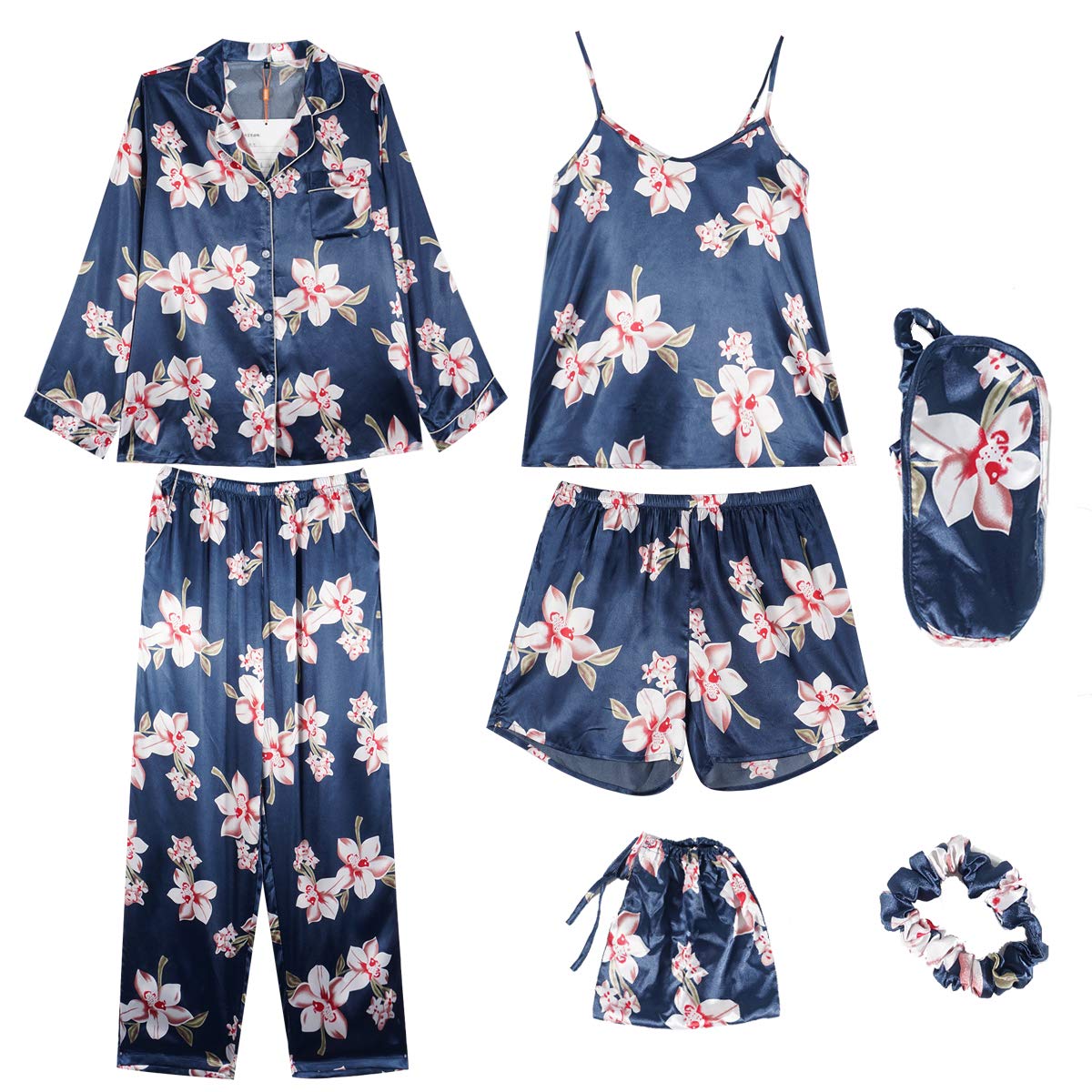 Women's 7pcs Pajama Set Silk Cami Pjs with Shirt and Eye Mask Sleepwear