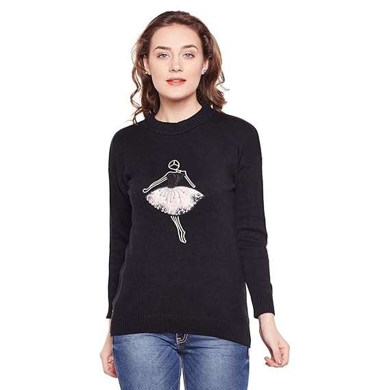 Women's Round Neck Twisted Cable Knit Girl Print Pullover Sweater Black