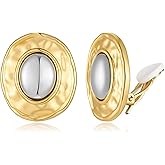 Two Tone Oval Clip on Earrings for Women Vintage Geometric Gold and Silver Mixed Metal Statement Textured Non Piercing Button Earrings for Non Pierced