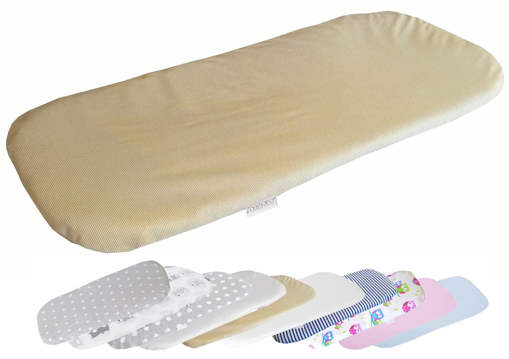 Vizaro - Fitted Sheet for Pram/Moses Basket Mattress (75-80x35cm) - Pure Premium Cotton - Made in EU - OekoTex - Safe for Babies - C. Beige Stripes and Lace