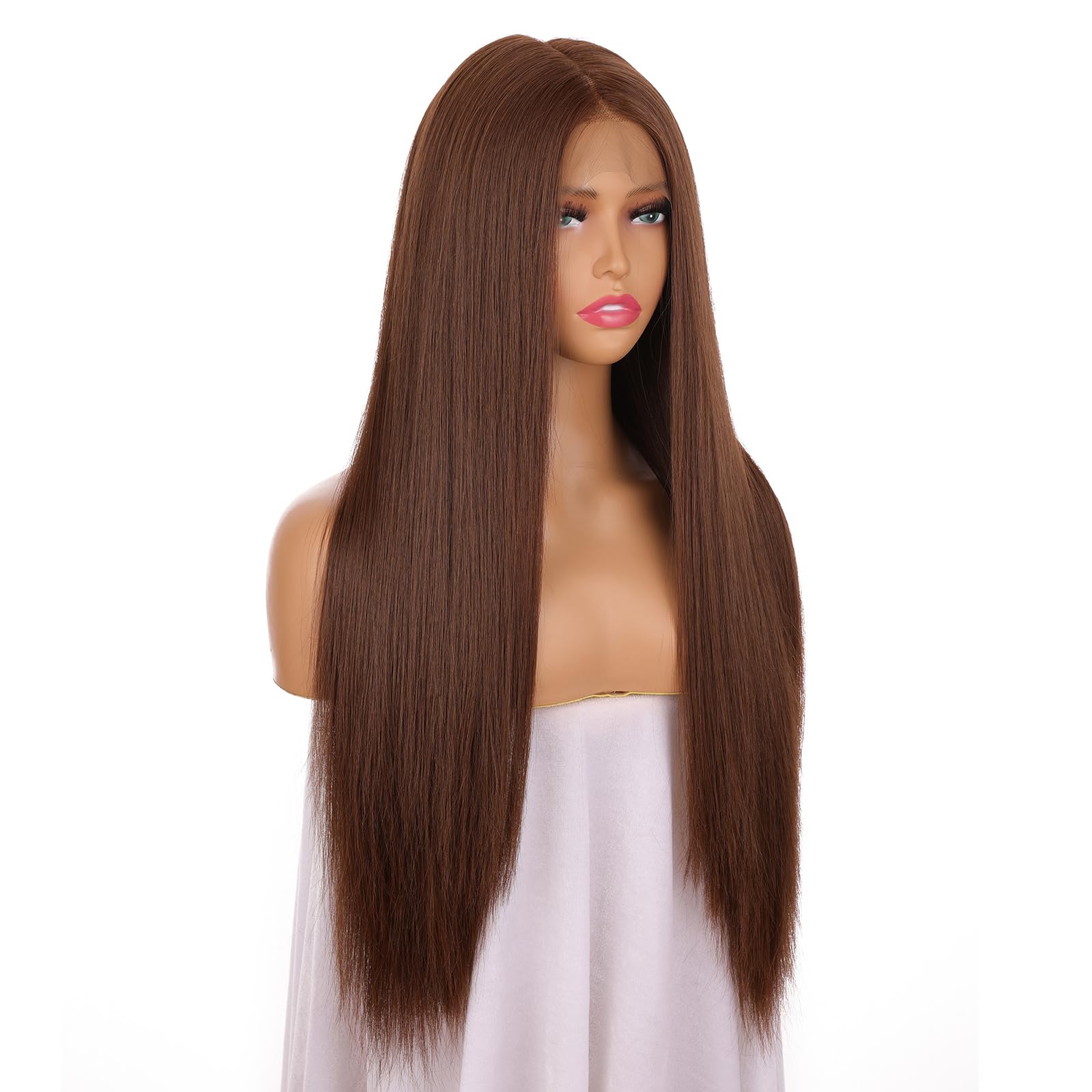 Photo 1 of FUHSI 13×6 Dark Reddish Brown Wigs Synthetic Hair Real Natural Wig For Women – Soft & Smooth, Tangle-Free Straight Lace Front Wig,Elastic Straps, For Perfect Fit 250D 26"