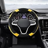 Tecledsn Car Steering Wheel Cover, Steering Wheel Protector, Universal 14.5-15 Inch Microfiber Leather Breathable Auto Steering Wheel Covers, Carbon Fiber Steering Wheel Cover for Women Men (Yellow)
