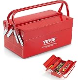 VEVOR Metal Tool Box, 14-inch, 2-Tier 3-Tray Portable Folding Tool Chest Organizer with Handle &amp; Lock Hole, Powder Coated Steel, Cantilever Toolbox for Household Factory Warehouse Repair Shop, Red