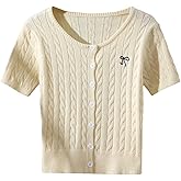 RoseSeek Women's Bowknot Embroidery Button Down Cardigan Short Sleeve Cable Knit Sweaters Fitted Tops