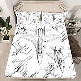 Aircraft Fitted Sheet Twin Size,Sketch 3D Airplane Bedding Set 2Pcs for Kids Boys Teens Men Room Decor,Black and White Airplane Print Bed Sheet Flying Games Theme Deep Pocket Sheet,1 Pillowcase