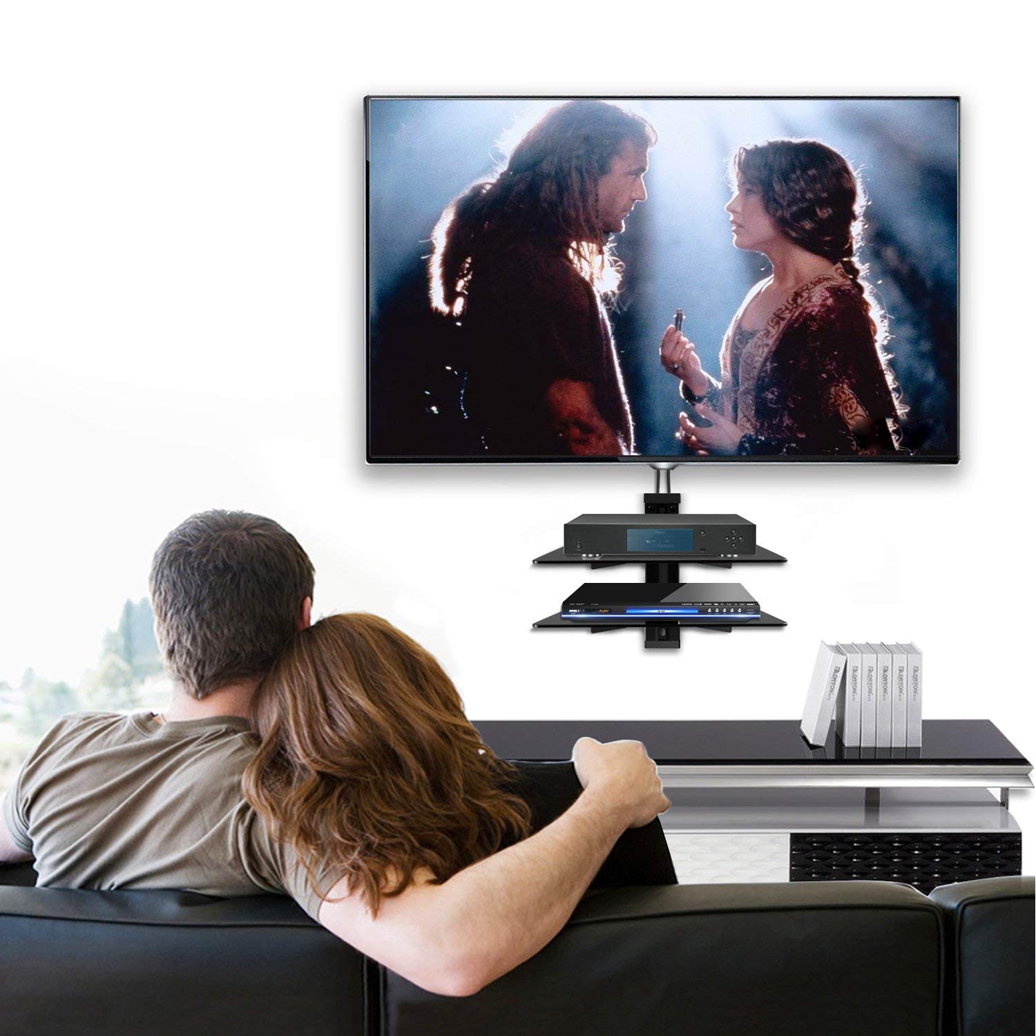 PERLESMITH AV Shelf - Double Floating Wall Mounted Shelf - Holds up to 16.5lbs - DVD DVR Component Shelf with Strengthened Tempered Glass - Perfect for PS4, Xbox One, Xbox 360, TV box and Cable Box