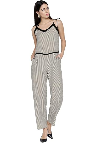 beige striped jumpsuit