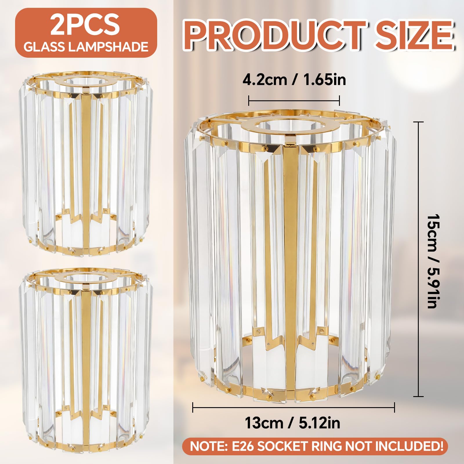 Condition photo showing New/Like New for teenyyou 2 pcs gold crystal lamp shade, 1-5/8"/1.65" uno-fitter, cylinder m | modern lampshade shade for dining room living room wall sconce chandelier, 1.65" x 5.1" dia x 5.9" h 2 cylinder medium gold