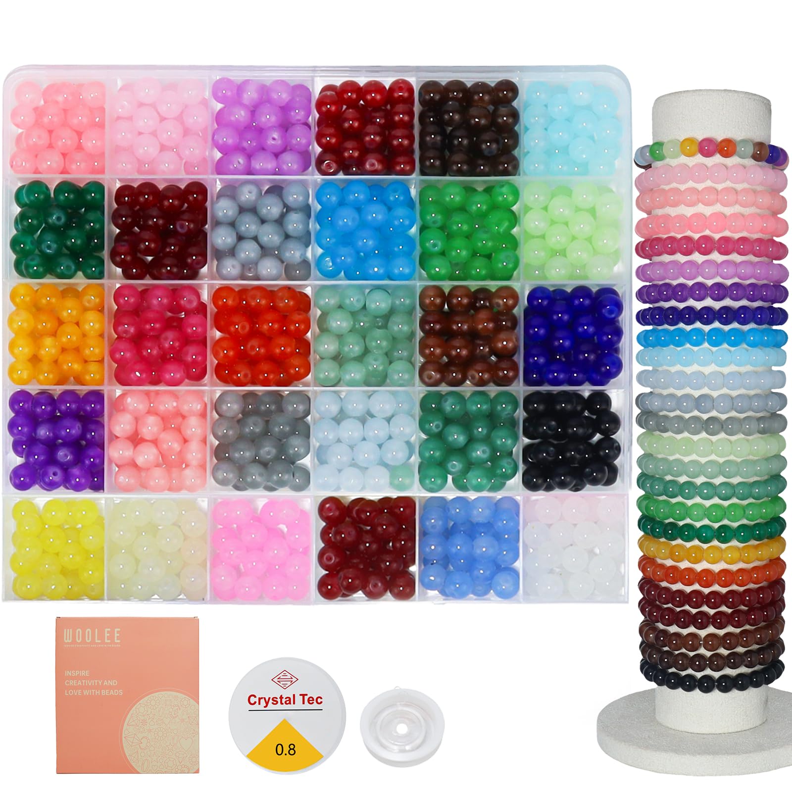 WOOLEE 750Pcs Glass Beads Bracelet Making Kit, 30 Colors 8MM Crystal Round Glass Beads Jewelry Making kit. Bracelet, Necklace, Earrings and Phone Lanyard DIY Craft Set, Gift for Girls