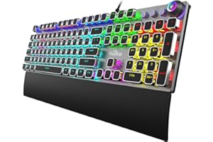 Fiodio Mechanical Gaming Keyboard, LED Rainbow Gaming Backlit, 104 Anti-ghosting Keys, Quick-Response Black Switches, Multimedia Control for PC and Desktop Computer, with Removable Hand Rest