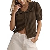 Cicy Bell Womens Ruffle Cardigan Sweater Puff Short Sleeve Button Up Eyelet Tops Ribbed Knit Peter Pan Collar Cardigans