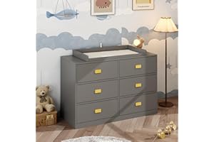ROMSHINE 6 Drawer Baby Dresser, Nursery Dresser with Changing Topper, Long Dresser for Infant Cloth Organize, Changing Station for Nursery and Kids Bedroom Storage, Grey (45.3" W x 18.9" D x 30.1" H)