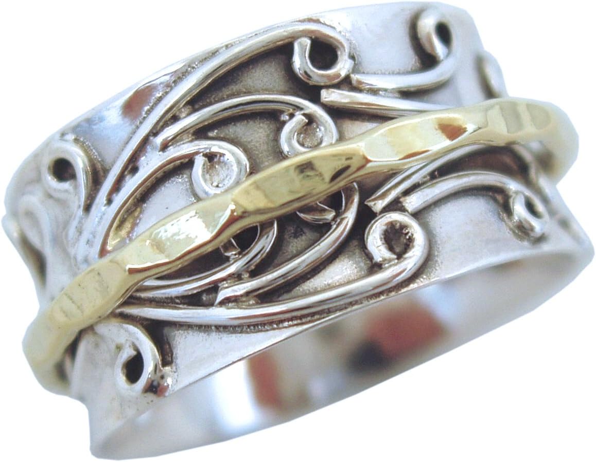 Energy Stone Radha Sterling Silver Meditation Spinner Ring with Brass Spinner on 3D Floral Pattern Base Ring (Style UK05)