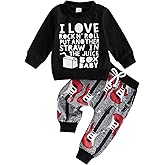 Karuedoo Toddler Baby Boy Clothes Letter Print Long Sleeve Sweatshirt Top Guitar Pants Set 2Pcs Fall Winter Outfit