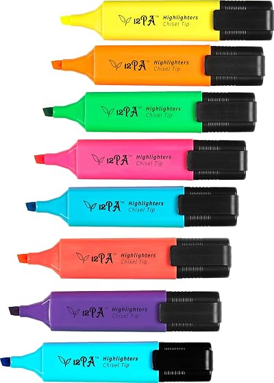 12PA 8 Chisel Tipped Highlighters Set Non-Toxic Water-Based Ink
