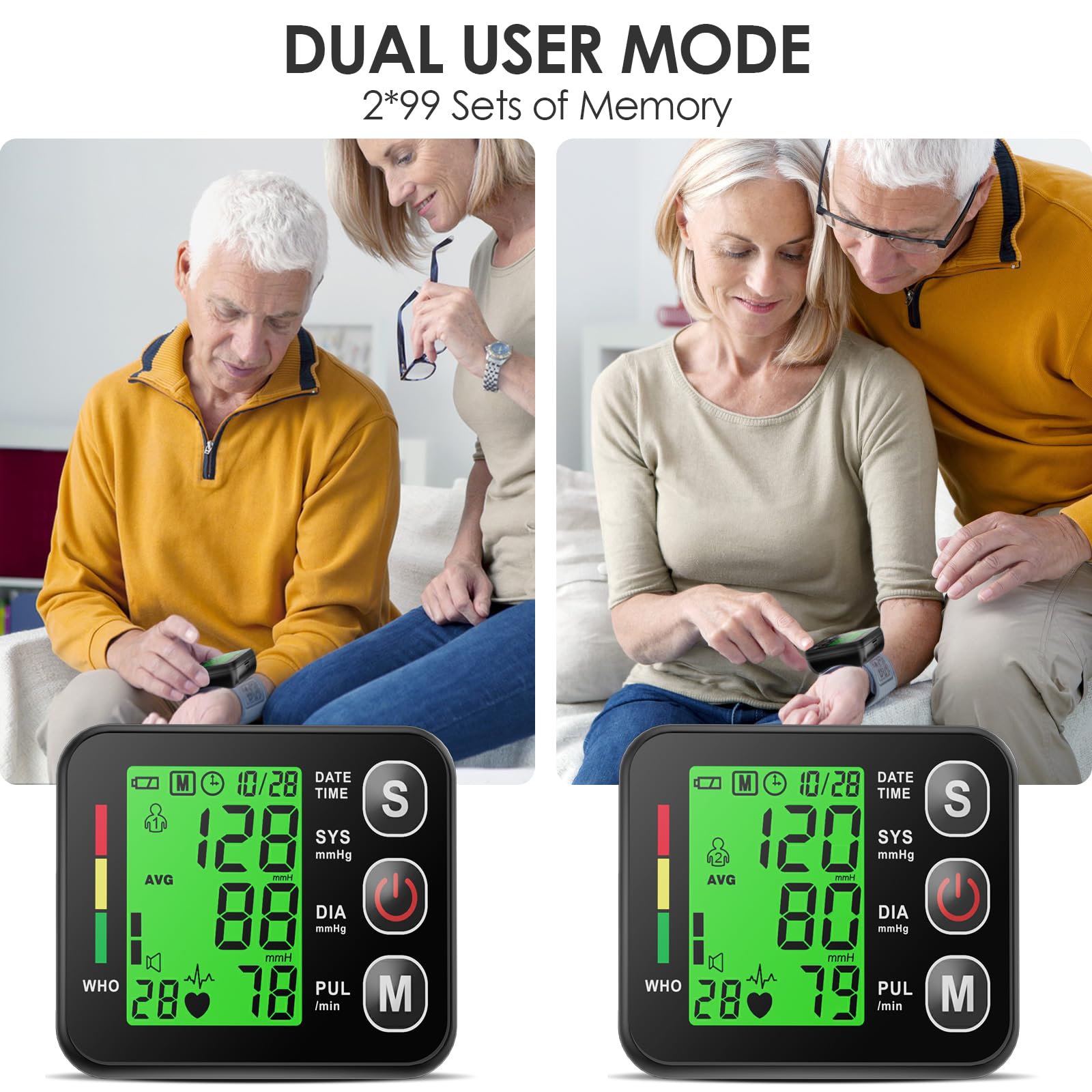 Wrist Blood Pressure Monitor -Bp Monitor, Automatic Blood Pressure Cuff 13.5-19.5 cm, High Accuracy, Backlit LCD Screen - 2 * 99 Sets of Memory for Home/Travel/Office Use