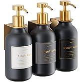 Shower Shampoo Dispenser Wall Mounted – 3 Refillable 16.9 oz Black Bottles with Stainless Steel Pumps & No-Drill Adhesive Holders – Soap Dispenser Set for Bathroom (3 X Black/Gold)