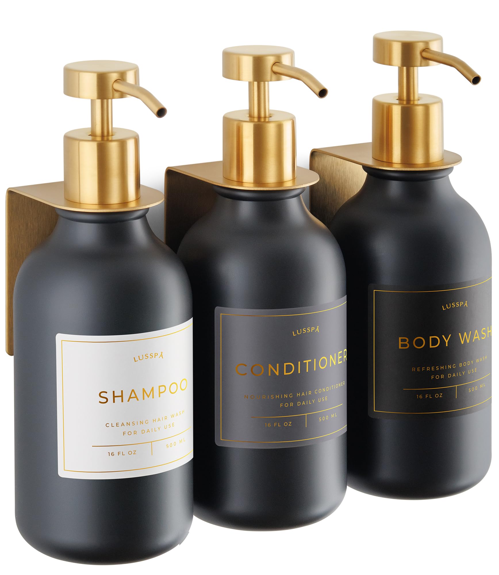 Photo 1 of ***MISSING PARTS***
Shower Shampoo Dispenser Wall Mounted – 3 Refillable 16.9 oz Black Bottles with Stainless Steel Pumps & No-Drill Adhesive Holders – Soap Dispenser Set for Bathroom (3 X Black/Gold)