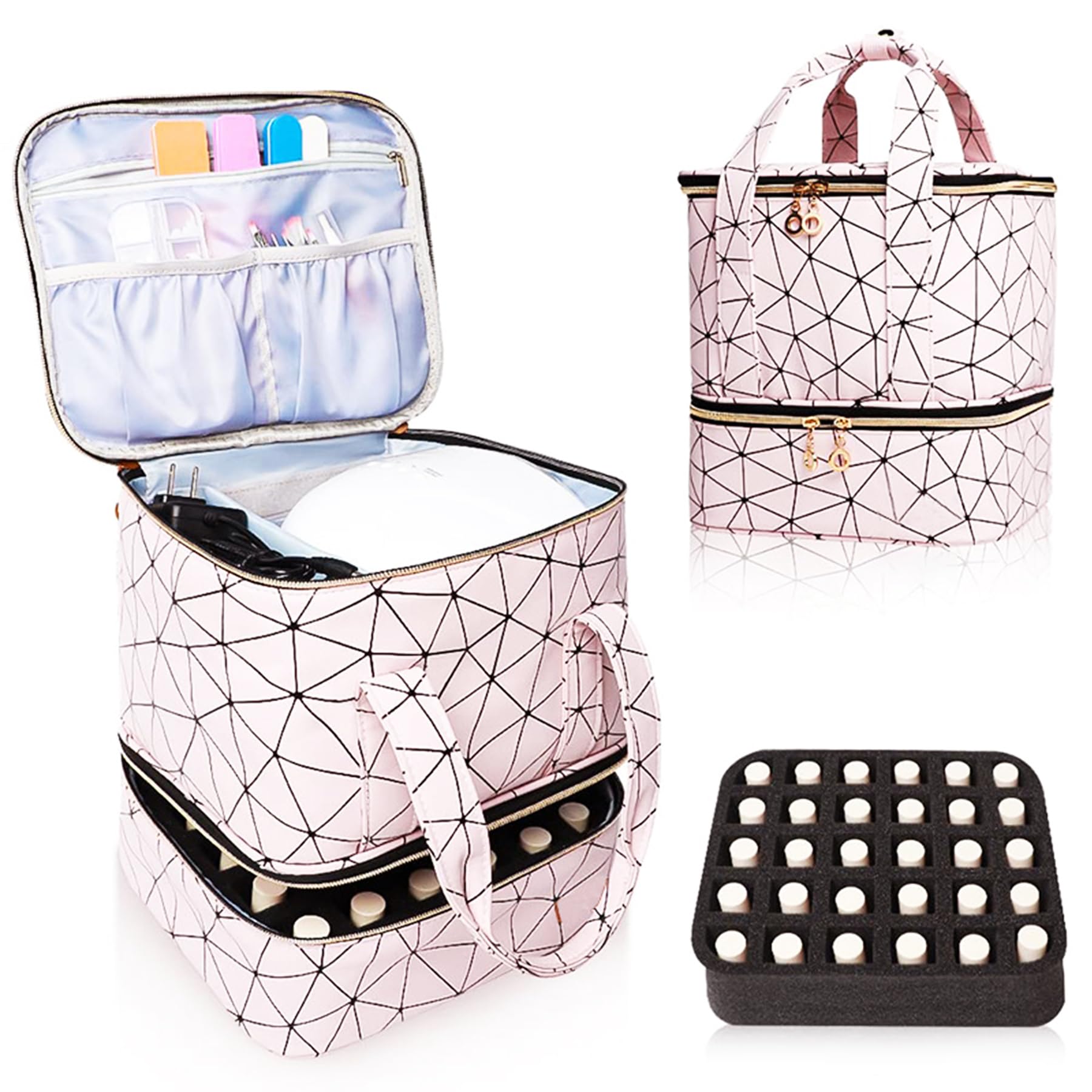 BYLife Pink Large Makeup Bag, Nail Polish Organiser - Holds 30 Bottles Double-Layer Travel Storage Bags Waterproof PU Cosmetic Bag with Adjustable Dividers for Manicure Tools Storage — image 1