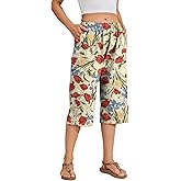 WROLEM Women Summer Capri Pants Casual Wide Leg Elastic Waist Lightweight Cropped Loose Pants with Pockets