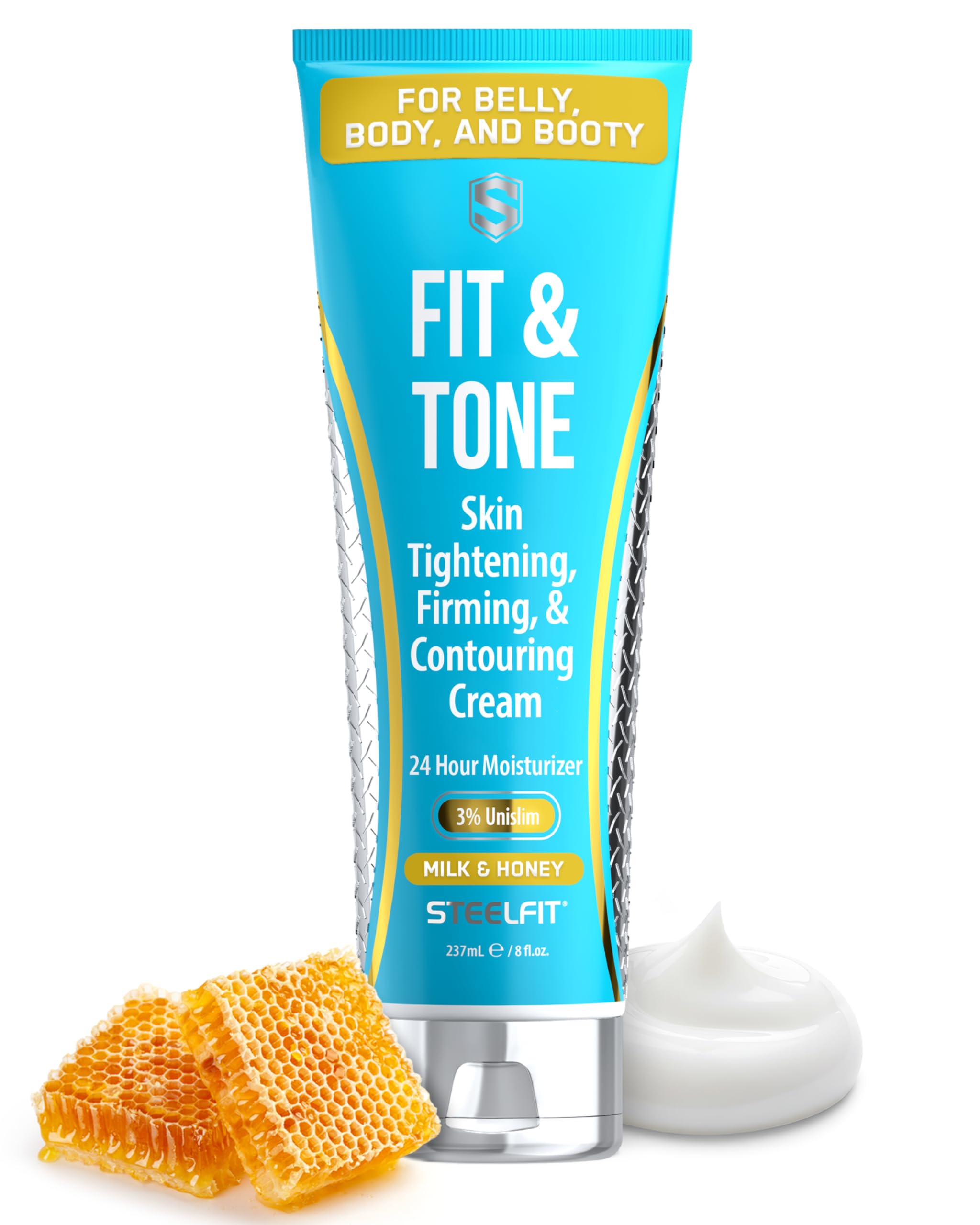 SteelFit Steel Fit + Tone - Body Firming and Contouring Lotion - 3% Unislim - 24 Hour Moisturizer - Collagen - Shea Butter - Cocoa Butter - Aloe Vera - Gotu Kola - 8 fl. oz. (237 mL) (Milk and Honey)