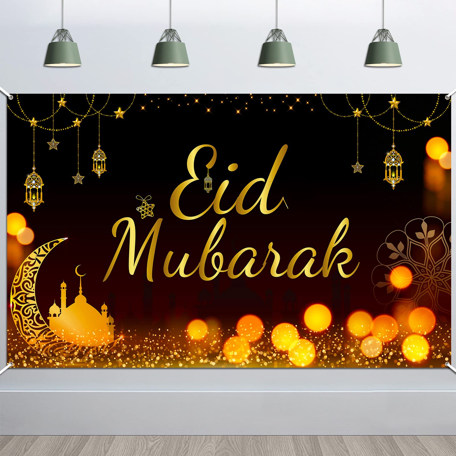 HOWAF Eid Mubarak Banner for Eid Mubarak Decorations Black Gold Fabric Eid Mubarak Backdrop Eid Banner for Muslim Islamic Party Ramadan Eid Decorations Supplies