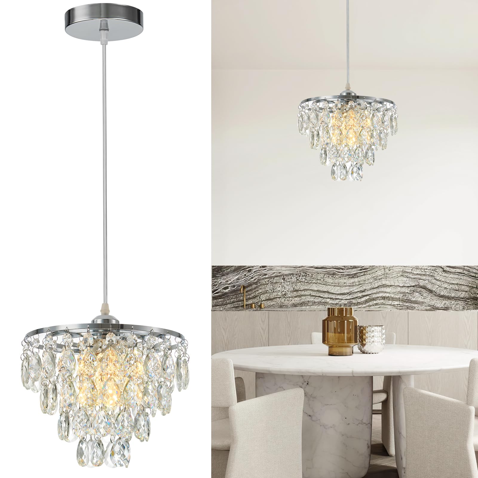 Photo 1 of CXGLEAMING Crystal Pendant Light Silver Hanging Chandelier Height Adjustable Hanging Light Fixture for Kitchen Island Hallway Bedroom Dining Room, E26