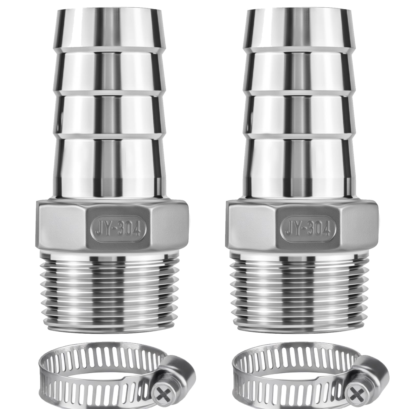 Photo 1 of 2 PACK 304 Stainless Steel 1" Hose Barb x 1" NPT Male Thread Fitting, Lead-Free Heavy Duty Connector with Hose Clamps for Air Water Oil Hose Pipe (2 PACK, 1" Barb x 1" NPT)