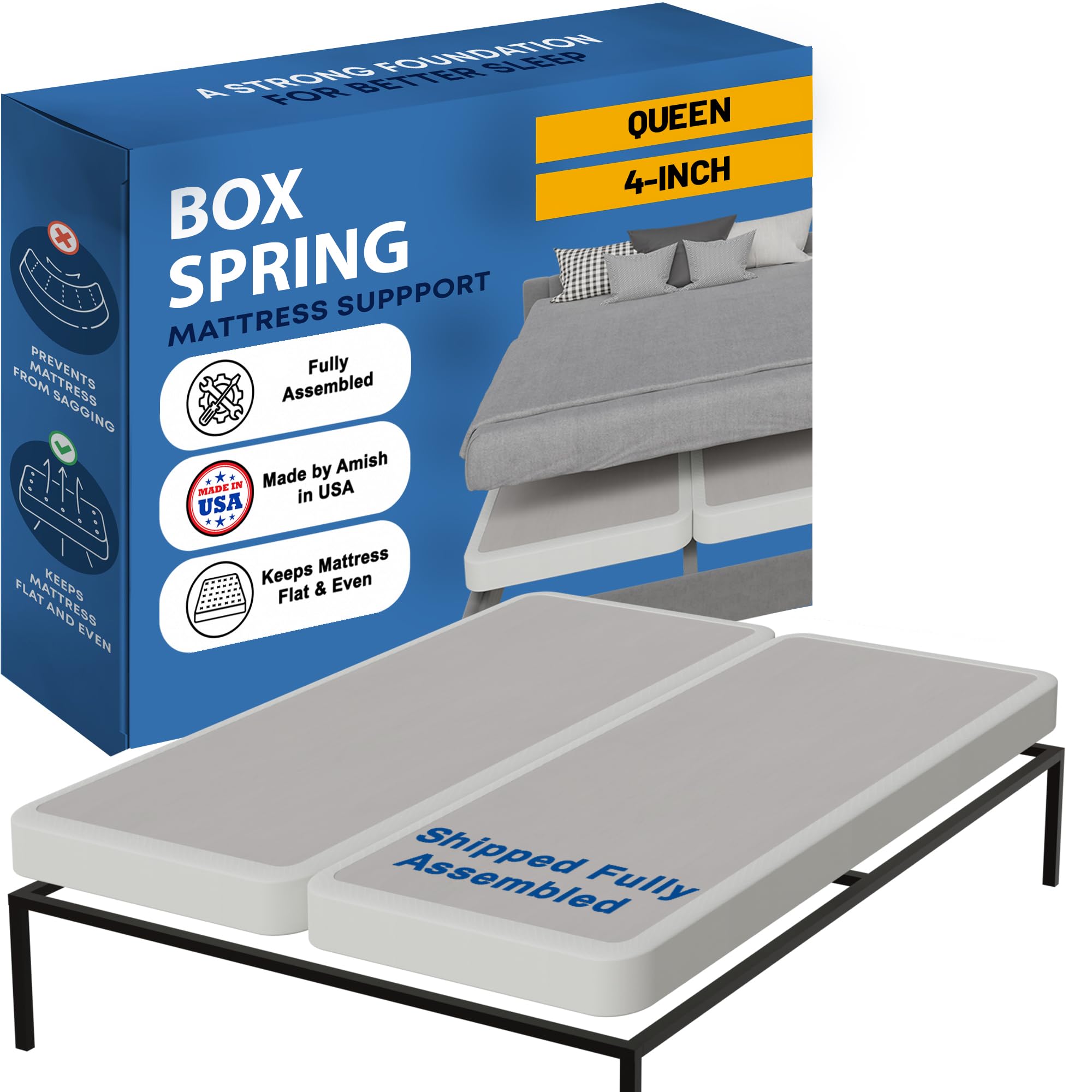 Photo 1 of Greaton, Box Spring Bed Base Queen Size, 4-Inch Wood Mattress Foundation – Amish Made in USA – Quiet Noise Free, 2-Pieces Under Mattress-Support BoxSpring, Fully Assembled, White