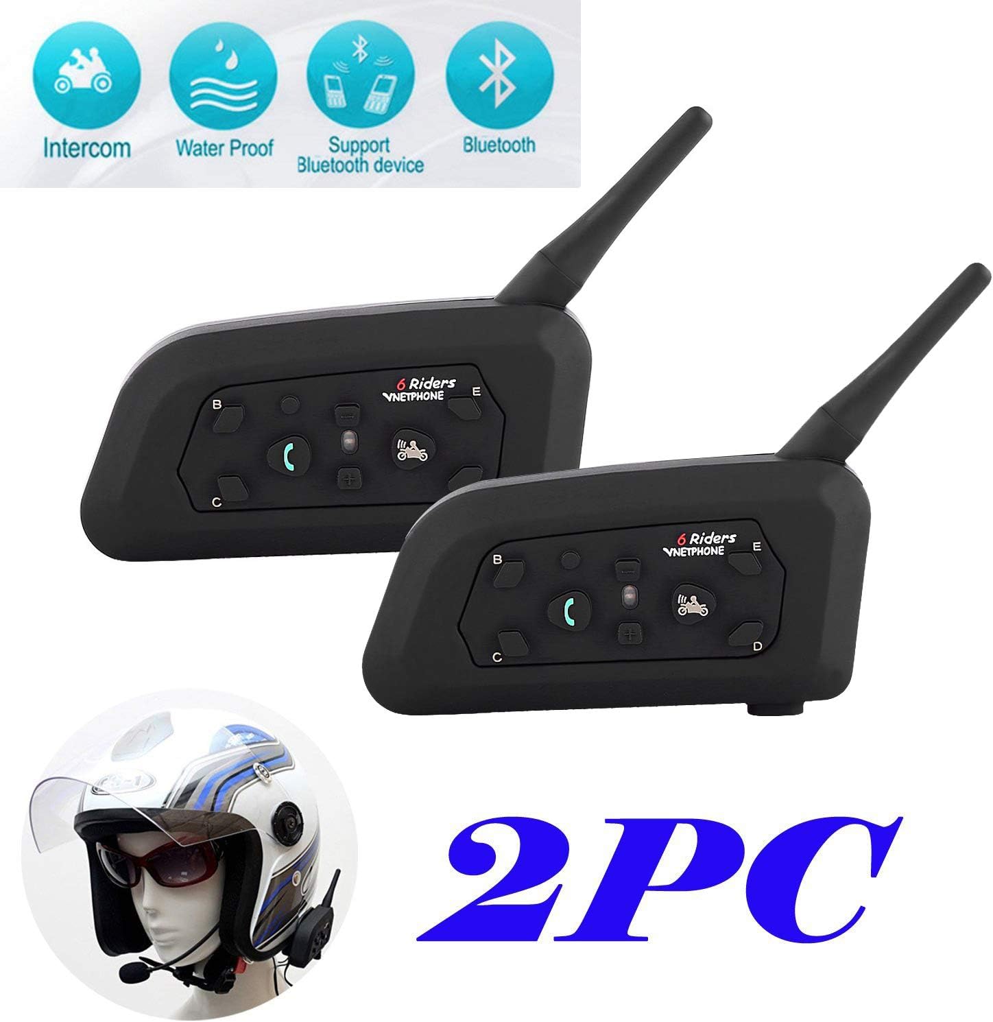 V6 Motorcycle Helmet Intercom Wireless Bluetooth Motorcycle Intercom Headset, 1200m 6 Riders