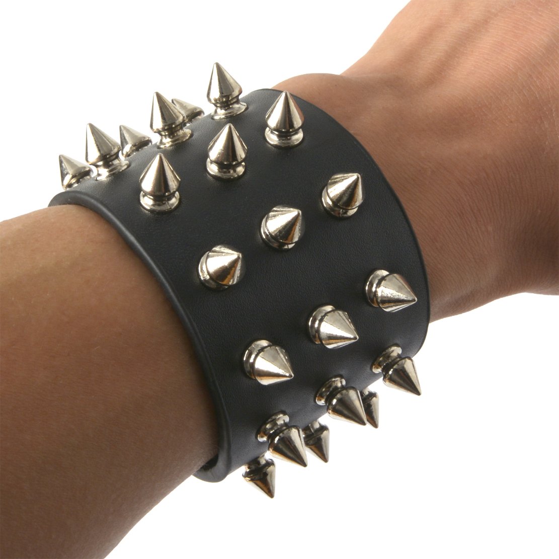 HZMAN Unisex Black Metal Spike Studded Punk Rock Biker Wide Strap Leather Bracelet