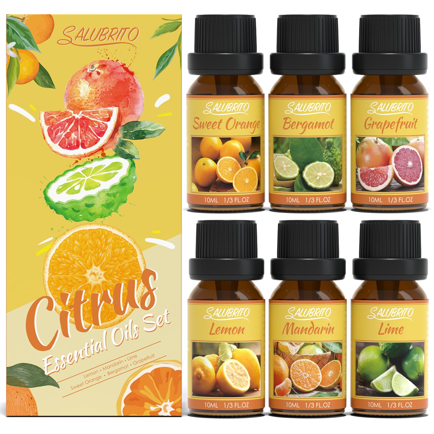SALUBRITO Citrus Essential Oils Set, Premium Fruit Fragrance Oils for Diffusers and Home, Candle Making - Sweet Orange, Bergamot, Grapefruit, Mandarin, Lime, Lemon Essential Oil, 6x10ml