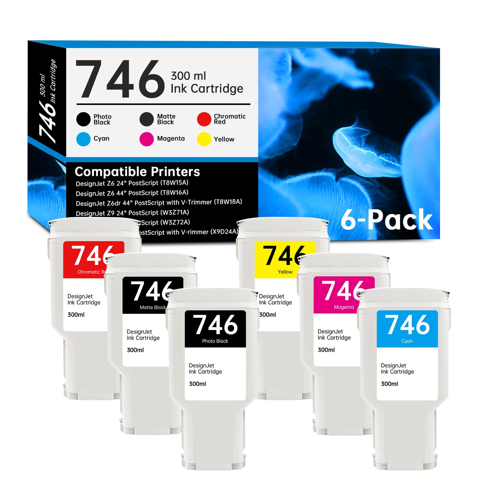 Photo 1 of 746 Ink Cartridge 300-ml Set with New Chip Replacement for HP 746 Ink Cartridge P2V83A P2V82A P2V81A P2V80A P2V79A P2V78A for DesignJet Z6 & Z9+ Large Format Printer, 6-Pack 746 High Capacity Ink Kit