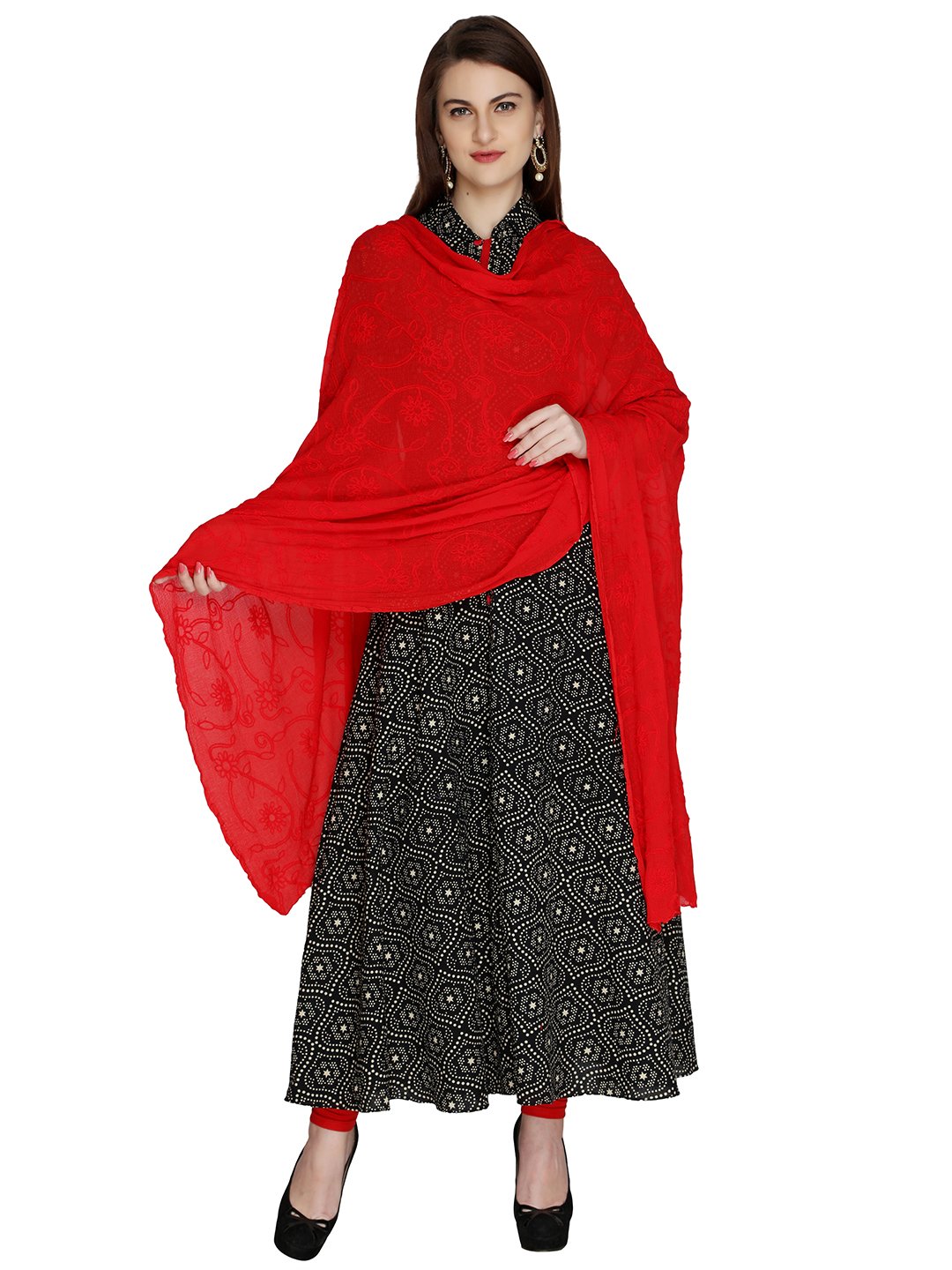 DUPATTA BAZAAR Woman's Red Embrodiered Chiffon Dupatta Free size