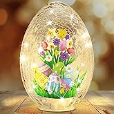 Glooglitter 5.75 x 5.25 x 8.25'' Easter Egg Balls Crackle Glass Night Light Illuminated Sphere Glowing Orb Decorative Battery Operated Lamp Festive Home Accent Decorations