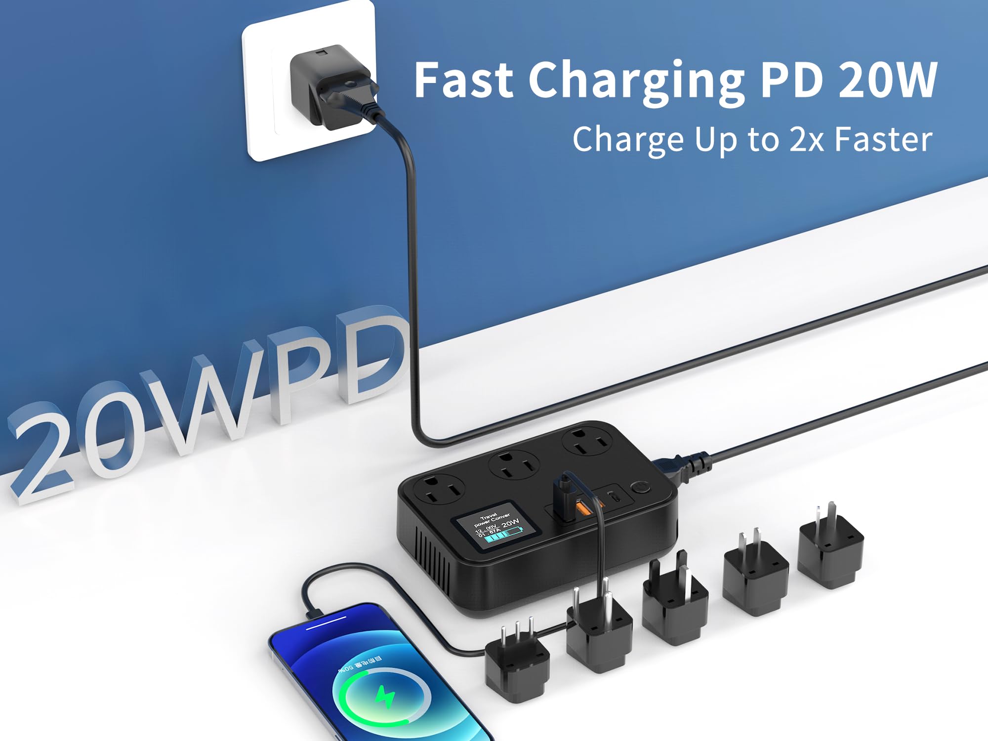 350W Converter Plug with 2 USB and 2 USB-C (20W PD) Fast Charging International Travel Converter for 220V to 110V for 100V-240V and Including US/EU/UK/India/South Africa Plugs (Black)