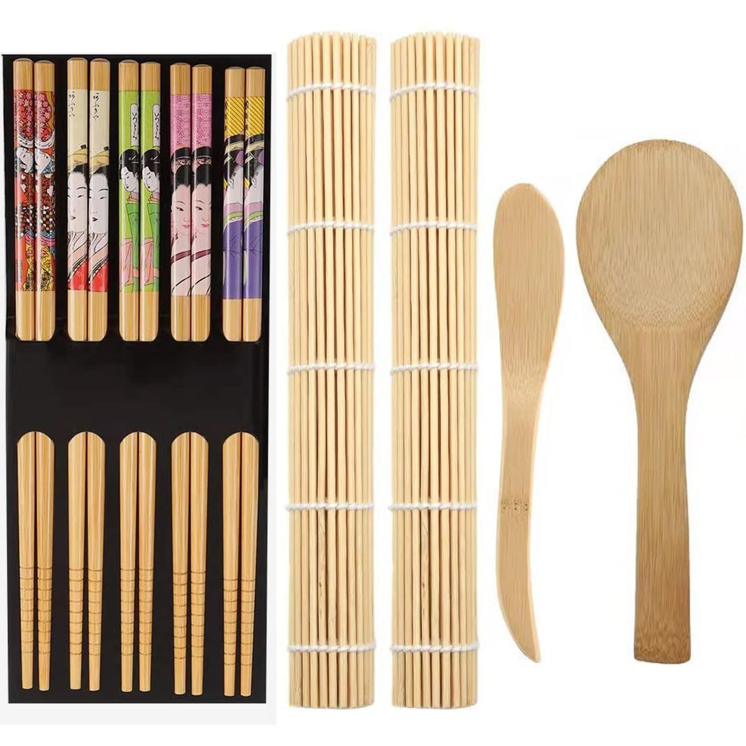 ZFYQ Sushi Kit, 9 Piece Bamboo Sushi Making Kit Includes Bamboo Rolling Mats, Chopsticks, Rice Paddle, Spoon, Full Making Set for Sushi Beginners