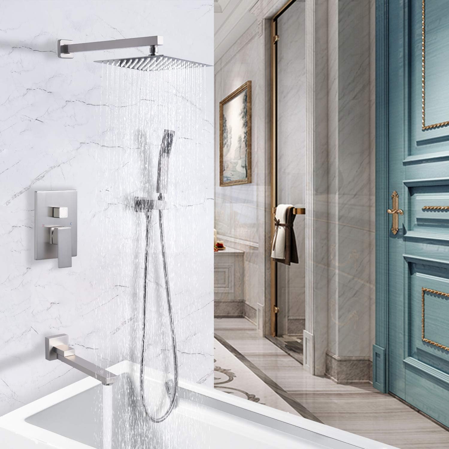 Rugus Shower System，Luxury Rain Mixer Shower Tub Spout Combo Set Wall Mounted Rainfall Shower Head System，10 Inch Square Rain Shower Head, Brushed Nickel Shower faucet rough-in valve body and trim - - 