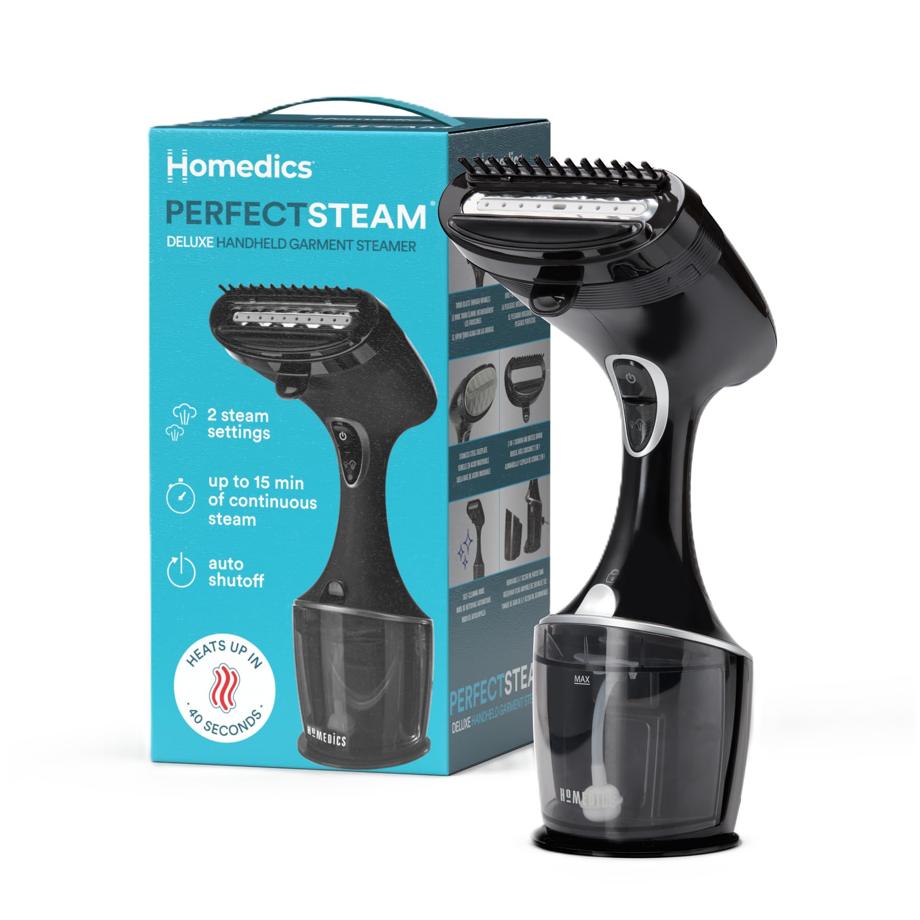 Homedics PerfectSteam Handheld Garment Steamer for Clothes, Sheets and Curtains - 1550 Watts Portable Garment Steamer, Fast Heat, Turbo Power, 15-Minute Continuous Steam, Built-In Crease Attachment