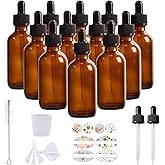HWASHIN 12 Pack 2oz Amber Glass Bottles with Glass Eye Droppers for Essential Oils, Perfumes (1 Brush, 2 Funnels, 2 Extra Dro