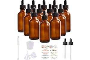 HWASHIN 12 Pack 2oz Amber Glass Bottles with Glass Eye Droppers for Essential Oils, Perfumes (1 Brush, 2 Funnels, 2 Extra Dro