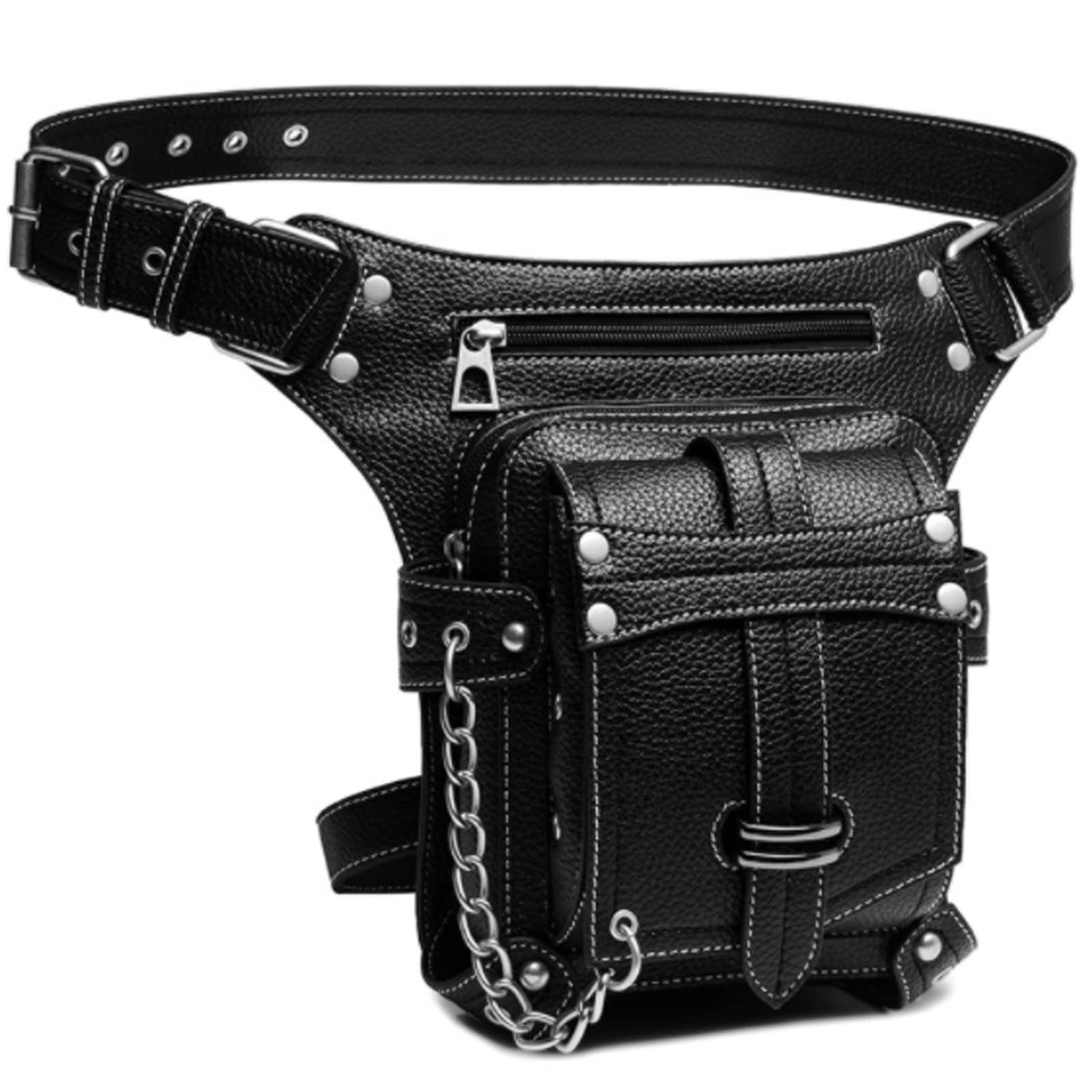 FiveloveTwo® Men Women Leather Multi-Functional Tactical Drop Leg Waist Bag Pack Hiking Camping Trekking Cycling Hip Belt Fanny Messenger Bag Black (Crosses)