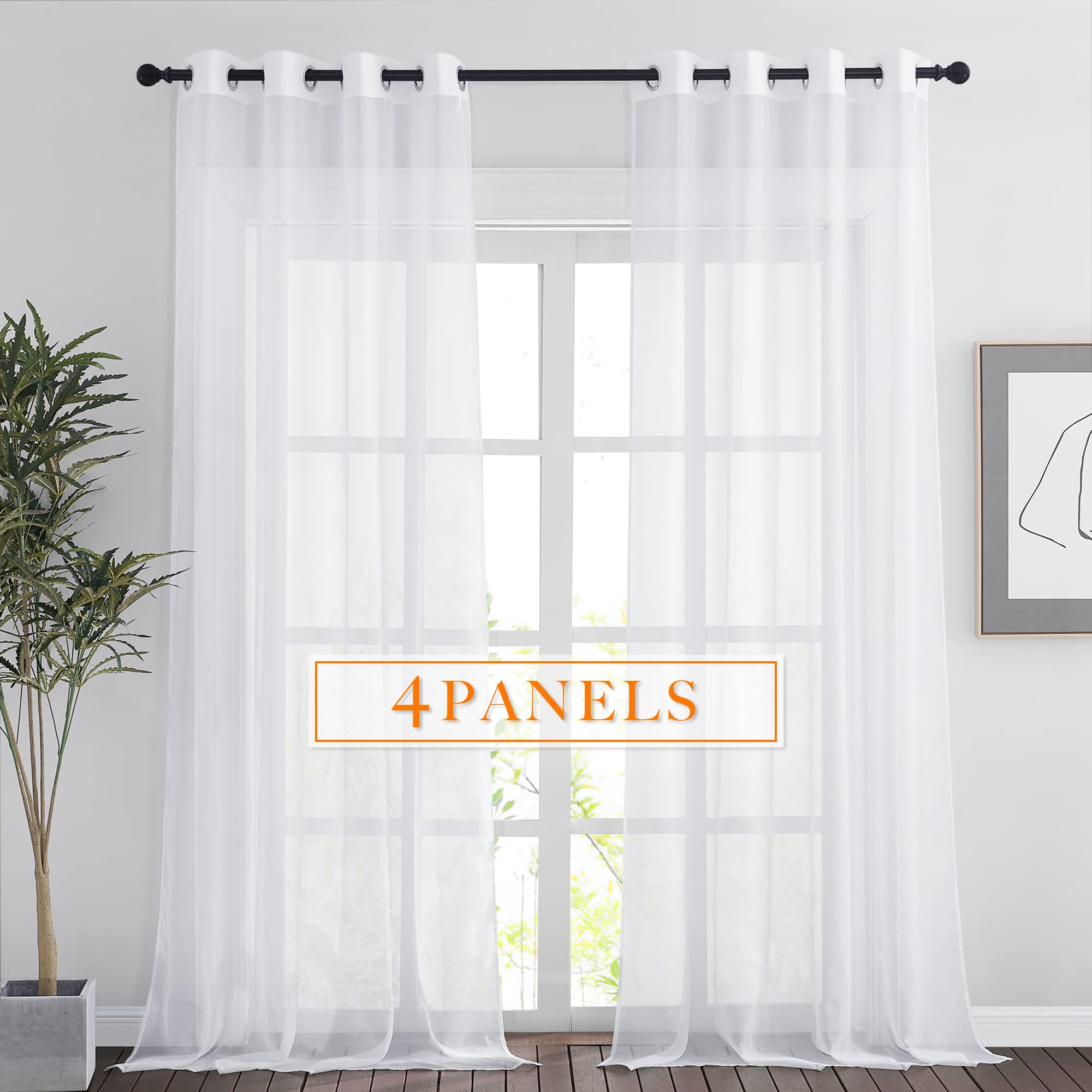 RYB HOME Black Sheer Curtains - Set Of 4, 54x96 Inch, Light Filtering Voile Panels, Grommet Top, Airy & Elegant For Living Room, Bedroom