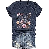 Vintage Flowers V Neck Shirt for Women Boho Floral Wildflowers Graphic Tee Casual Summer Vacation Beach Short Sleeve T Shirt