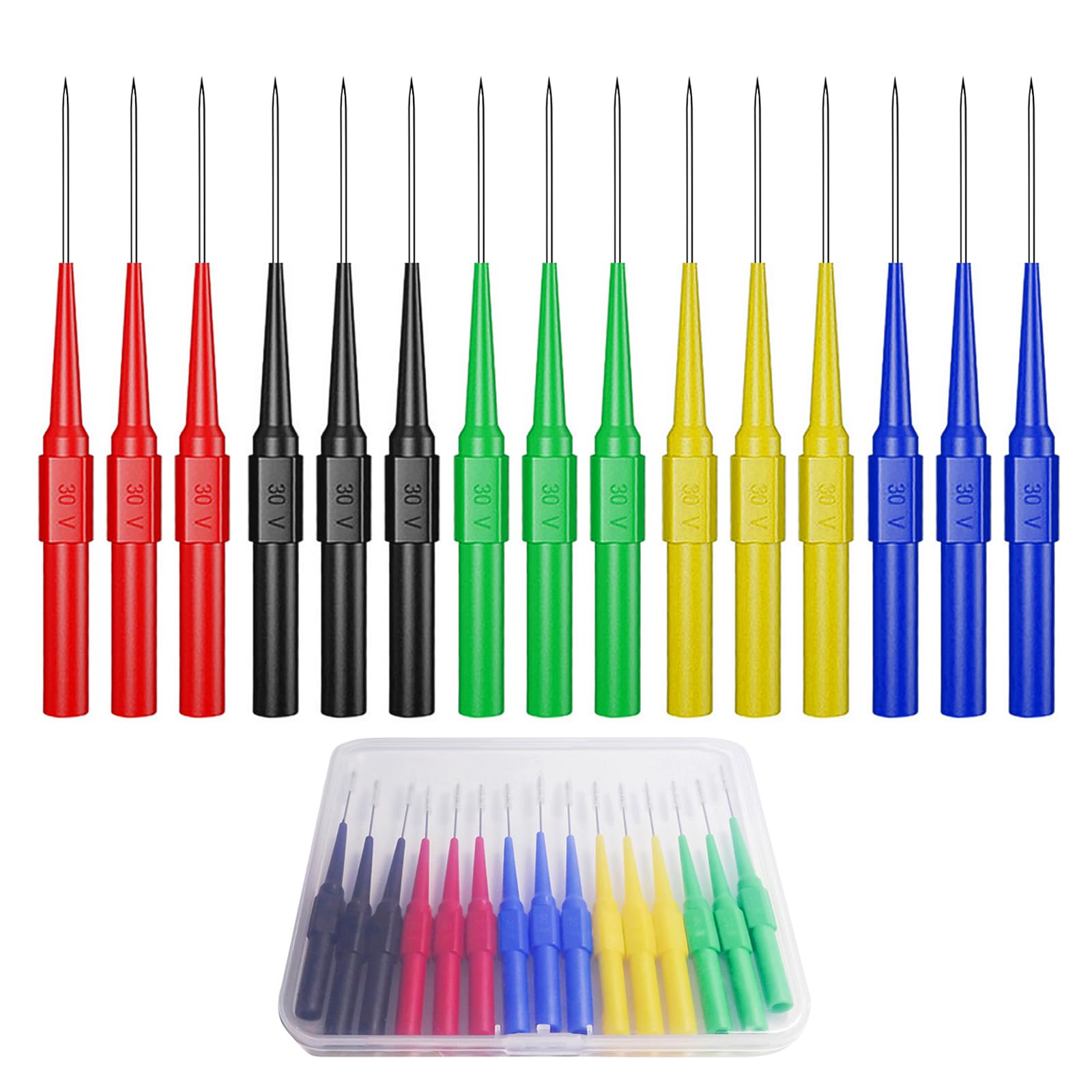 Cleqee 15PCS Automotive Back Probe Pins Multimeter Wire Piercing Test Probes with 4mm Female Socket 0.7mm Puncture Needle 30V/10A for Small IC Pins Electronic Testing Five Colours