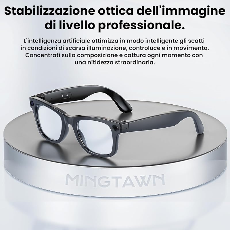 Occhiali con Telecamera 8MP, Smart Glasses Ai con Chiamate Bluetooth & WIFI, Occhiali Intelligenti con Traduzione AI in Tempo Reale/Riconoscimento di Oggetti, Lenti Fotocromatiche + Lenti Blu