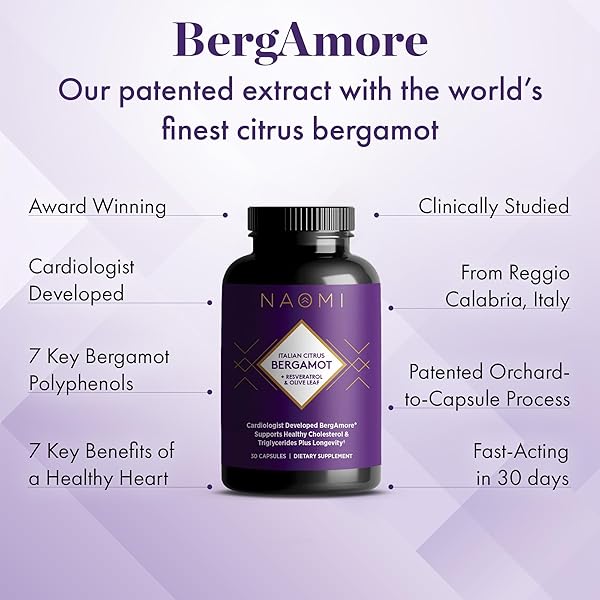 NAOMI ITALIAN CITRUS BERGAMOT 500MG + RESVERATROL, AWARD-WINNING CARDIOLOGIST DVLPD, SUPPORTS NORMAL CHOLESTEROL & HEALTHY CELLULAR FUNCTION, 7 KEY POLYPHENOLS, RESVERATROL & OLIVE LEAF, 30-DAY SUPPLY